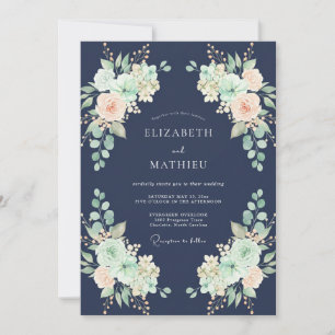 Invitation Mariage Aquarelle Navy et Pêche
