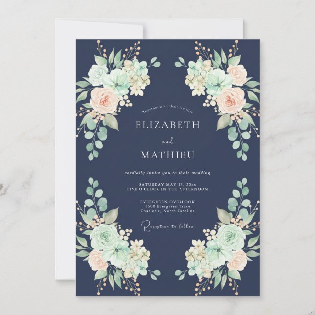 Invitation Mariage Aquarelle Navy et Pêche (Devant)