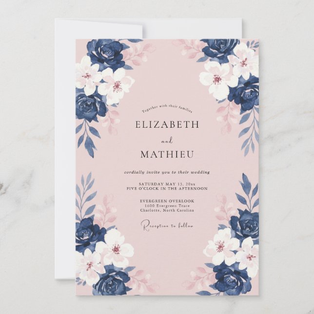Invitation Mariage aquarelle Navy Rose Florale (Devant)