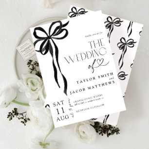 Invitation Mariage aquarelle noir à nœud papillon moderne et