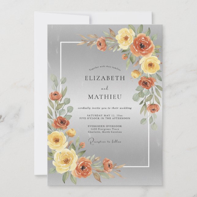 Invitation Mariage Aquarelle Ocres Argentés (Devant)