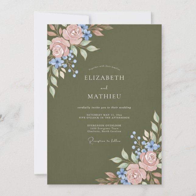 Invitation Mariage aquarelle Olive Blush (Devant)