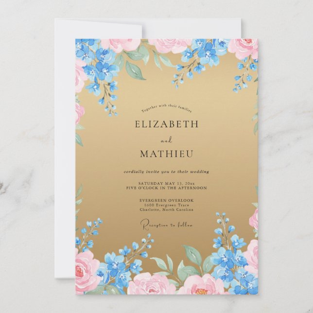 Invitation Mariage aquarelle or azur (Devant)