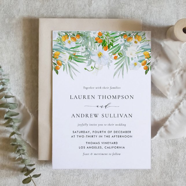Invitation Mariage aquarelle Orchidées blanches et kumquats (Watercolor White Orchids and Kumquats Wedding Invitation)