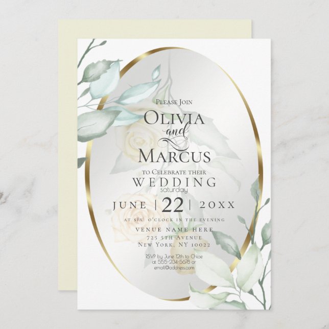 Invitation Mariage | Aquarelle ovale Ivoire Jaune Blush Roses (Devant / Derrière)