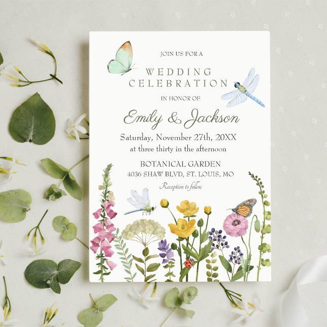Invitation Mariage aquarelle papillon libellule fleur sauvage (Créateur téléchargé)