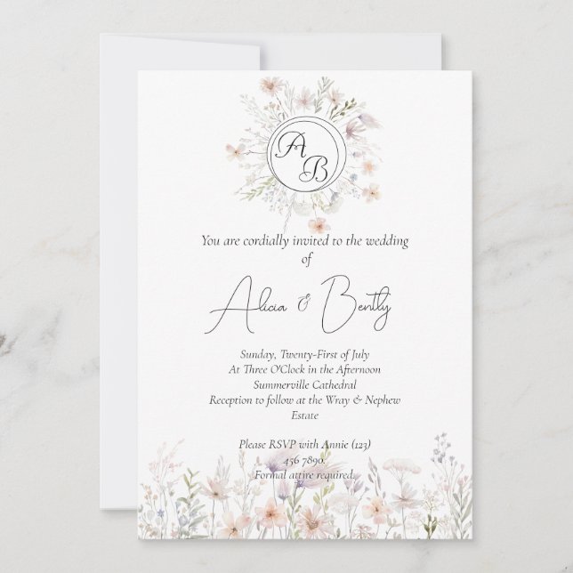 Invitation Mariage Aquarelle Pastel doux Fleurs sauvages (Devant)