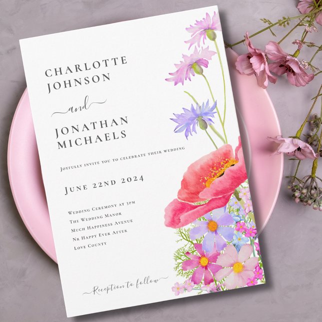 Invitation Mariage Aquarelle Pastel Fleur Sauvage Moderne (Modern wildflower pastel watercolor pink purple wedding invitation )