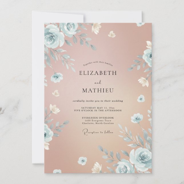 Invitation Mariage aquarelle pêche ardoise (Devant)