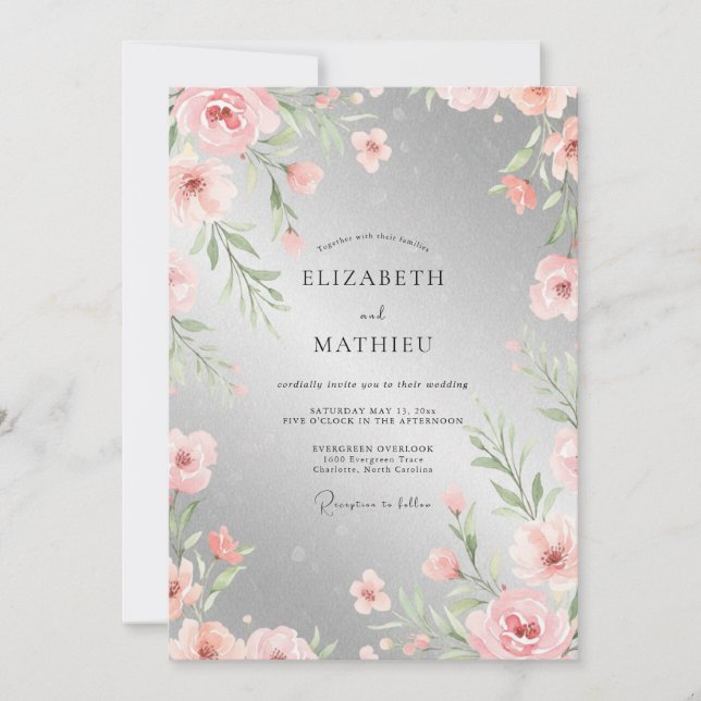 Invitation Mariage aquarelle pêche argentée (Devant)
