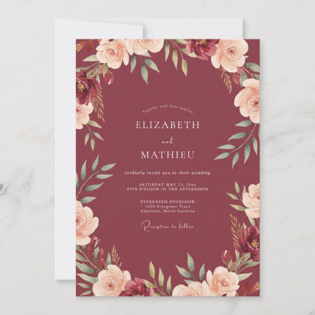 Invitation Mariage aquarelle pêche et Bourgogne (Devant)