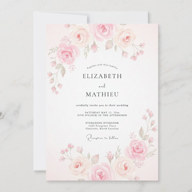 Invitation Mariage aquarelle pêche rose (Devant)
