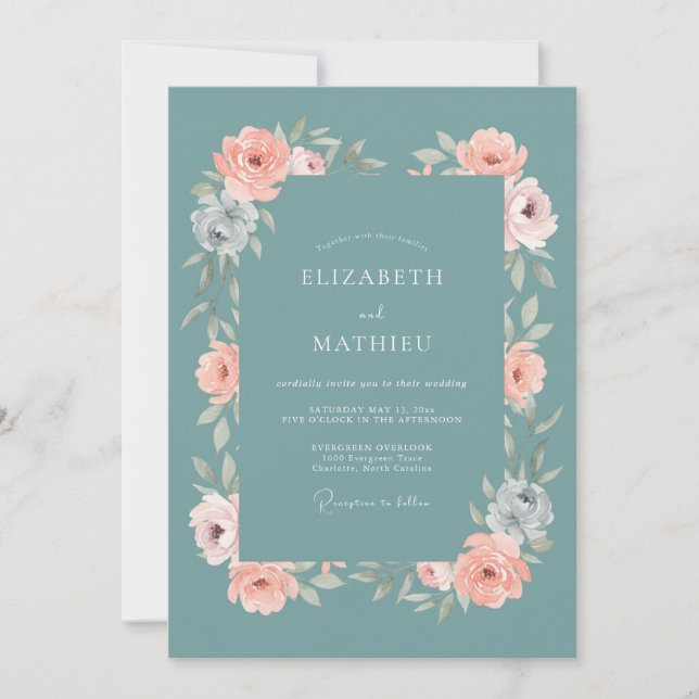 Invitation Mariage aquarelle pêche sarcelle atténuée (Devant)