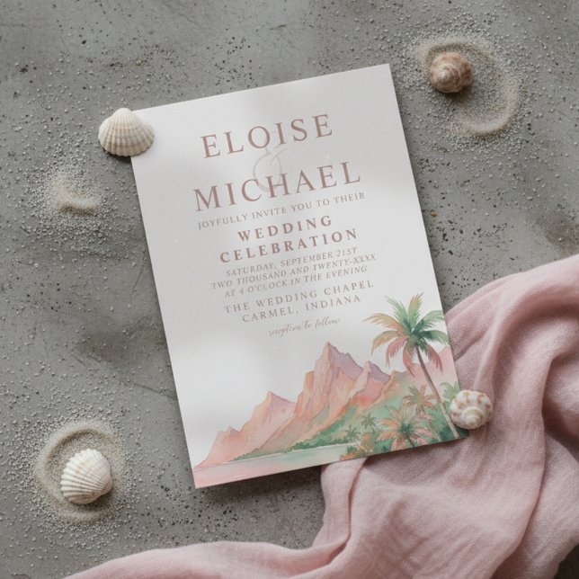Invitation Mariage Aquarelle Plage Île Coucher de Soleil Trop (Tropical Sunset Island Beach Watercolor Wedding Invitation)
