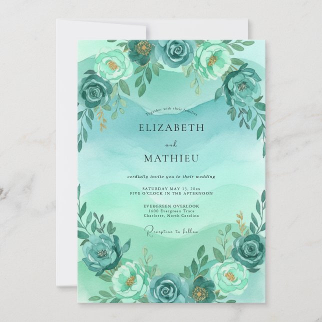 Invitation Mariage aquarelle poétique sarcelle (Devant)
