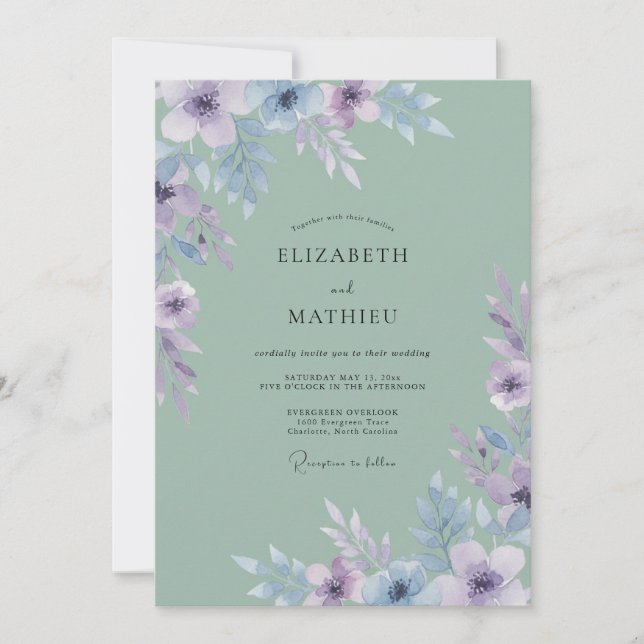 Invitation Mariage aquarelle poétique vert sauge (Devant)