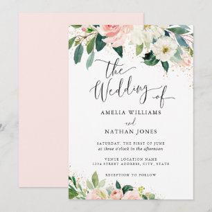 Invitation Mariage aquarelle poussière d'or pêche rose