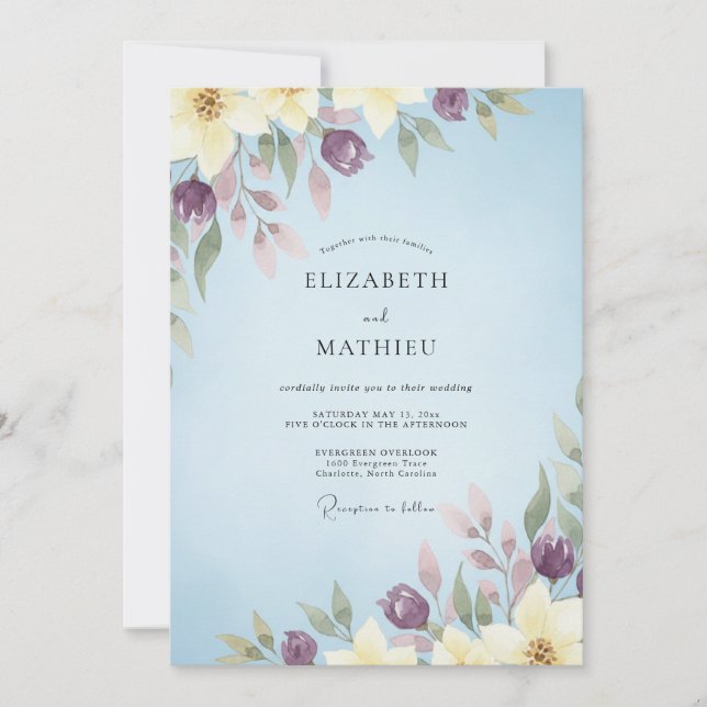 Invitation Mariage aquarelle prune azur (Devant)