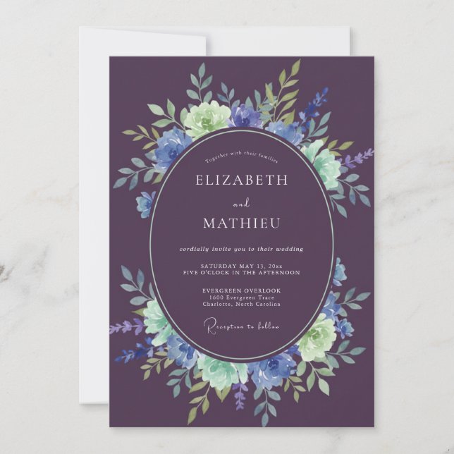 Invitation Mariage aquarelle prune et menthe (Devant)
