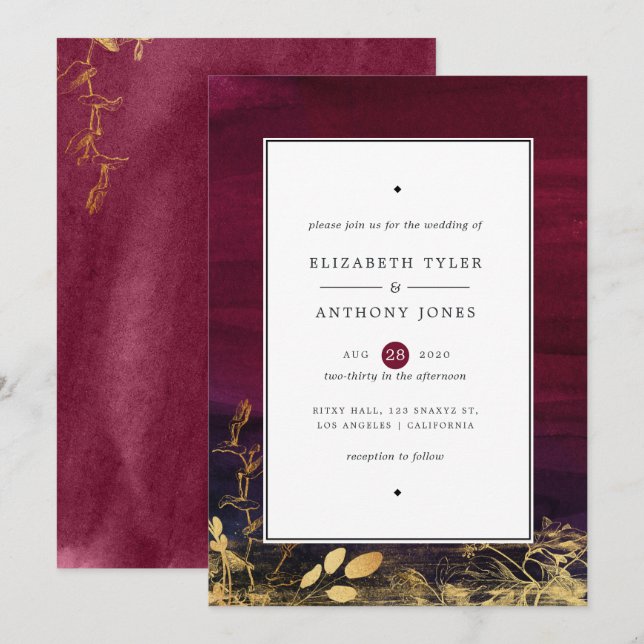 Invitation Mariage aquarelle prune et or de Bourgogne (Devant / Derrière)