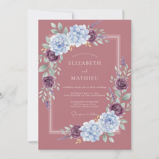 Invitation Mariage aquarelle prune et pervenche (Devant)