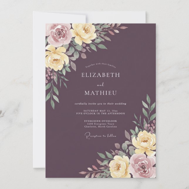 Invitation Mariage aquarelle prune mauve (Devant)