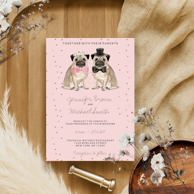 Invitation Mariage aquarelle Pug rose (Créateur téléchargé)