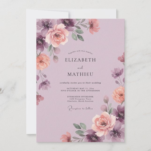 Invitation Mariage aquarelle romantique aux prunes (Devant)