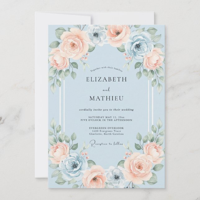Invitation Mariage Aquarelle Romantique Bleu Clair (Devant)