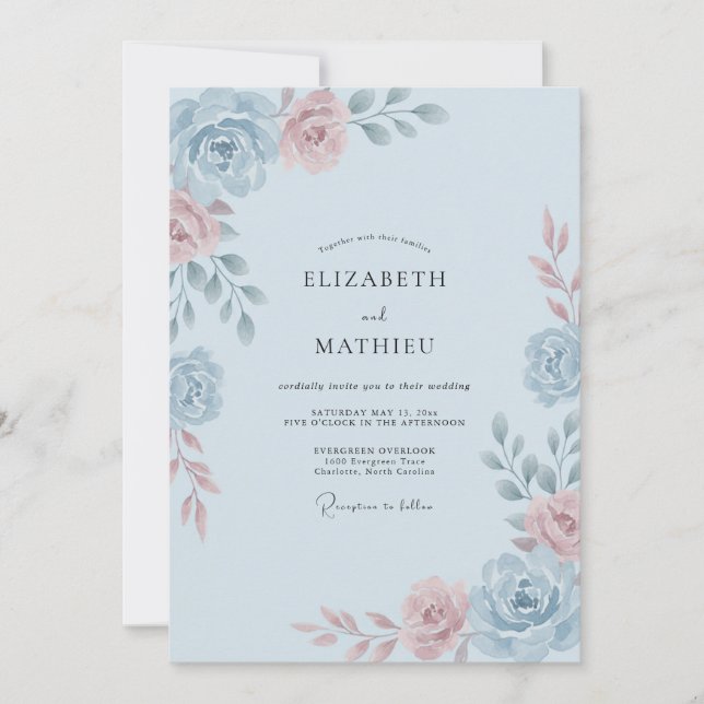 Invitation Mariage Aquarelle Romantique Bleu Clair (Devant)
