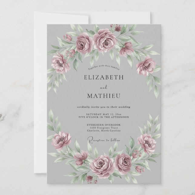 Invitation Mariage Aquarelle Romantique Gris Mauve (Devant)