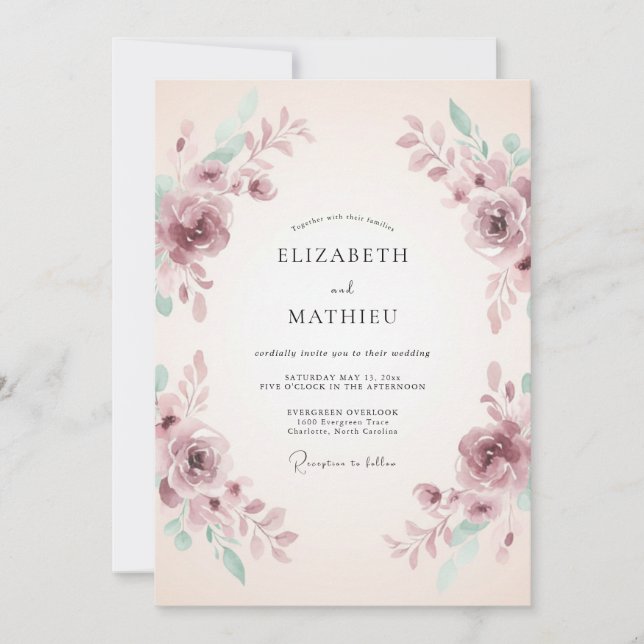 Invitation Mariage Aquarelle Romantique Mauve (Devant)
