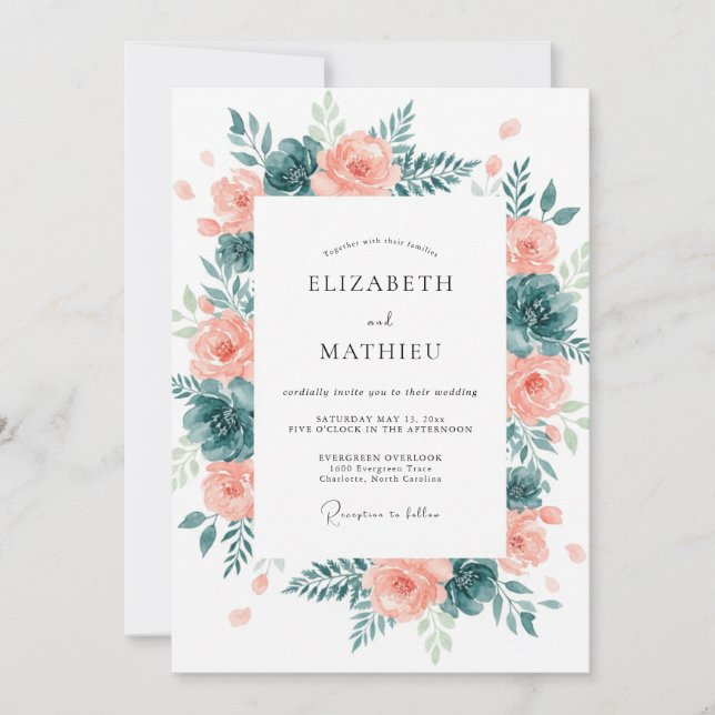 Invitation Mariage aquarelle romantique pêche et sarcelle (Devant)