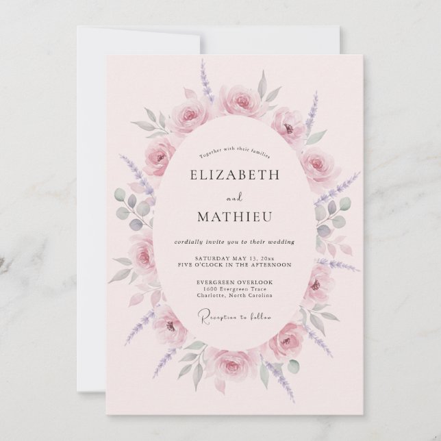 Invitation Mariage Aquarelle Romantique Rose Pâle (Devant)