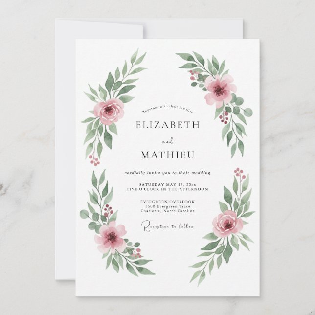 Invitation Mariage aquarelle romantique rose poudrée (Devant)