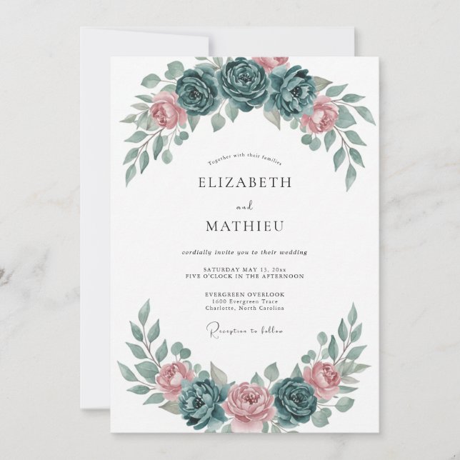 Invitation Mariage aquarelle romantique sarcelle (Devant)