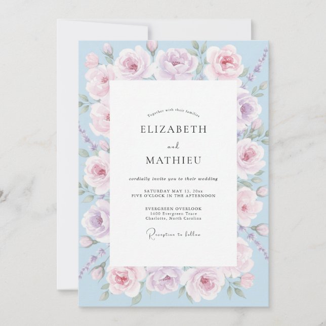 Invitation Mariage aquarelle rose bleuet (Devant)