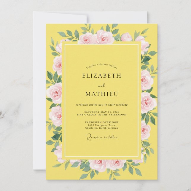 Invitation Mariage Aquarelle Rose Canari (Devant)