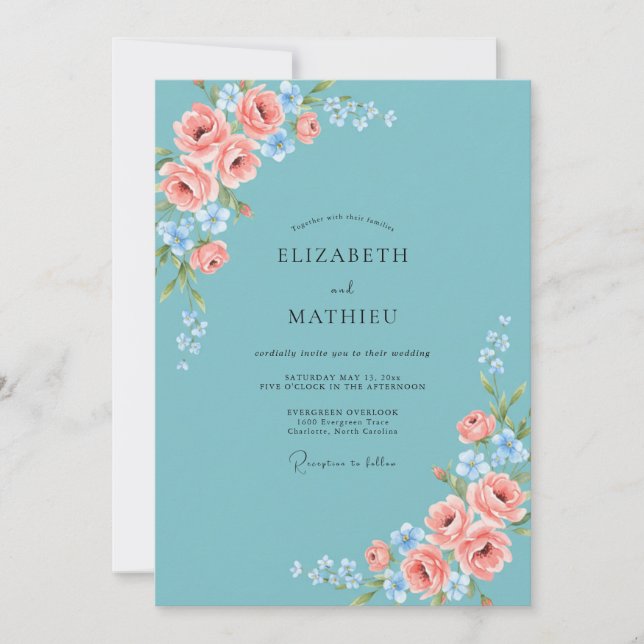 Invitation Mariage aquarelle rose ciel (Devant)