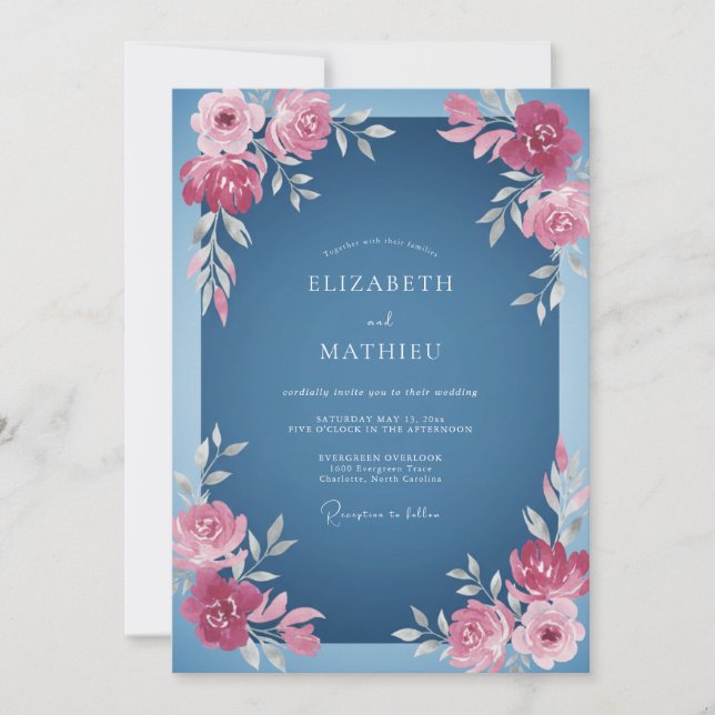 Invitation Mariage aquarelle rose cobalt (Devant)