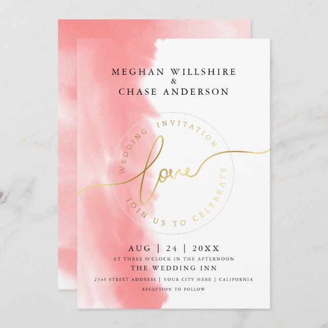Invitation MARIAGE | Aquarelle Rose corail (Devant / Derrière)