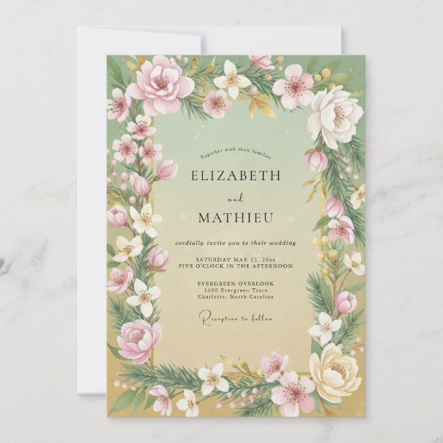 Invitation Mariage aquarelle rose et menthe (Devant)