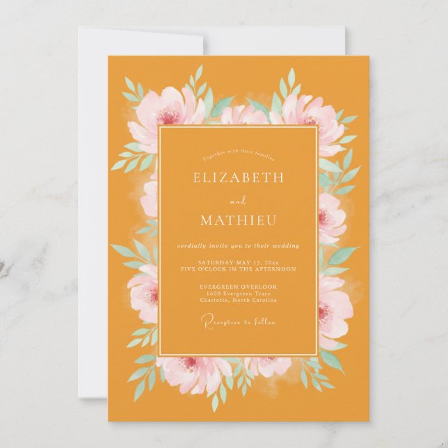 Invitation Mariage aquarelle rose et moutarde (Devant)