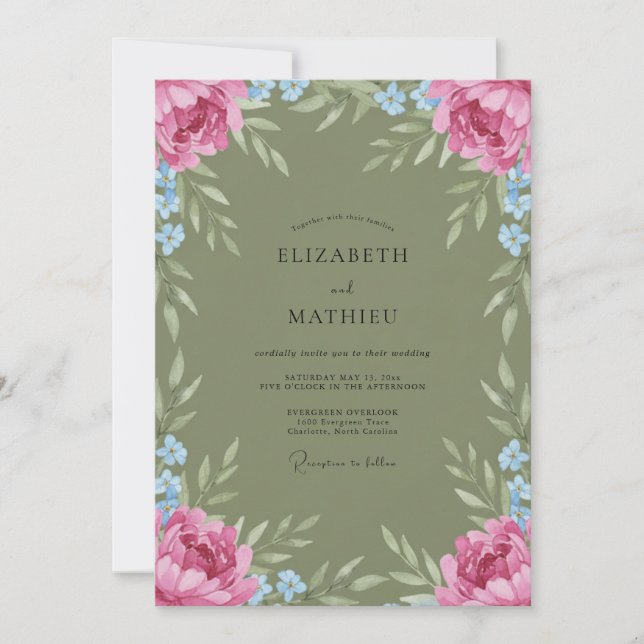 Invitation Mariage aquarelle rose et olive (Devant)