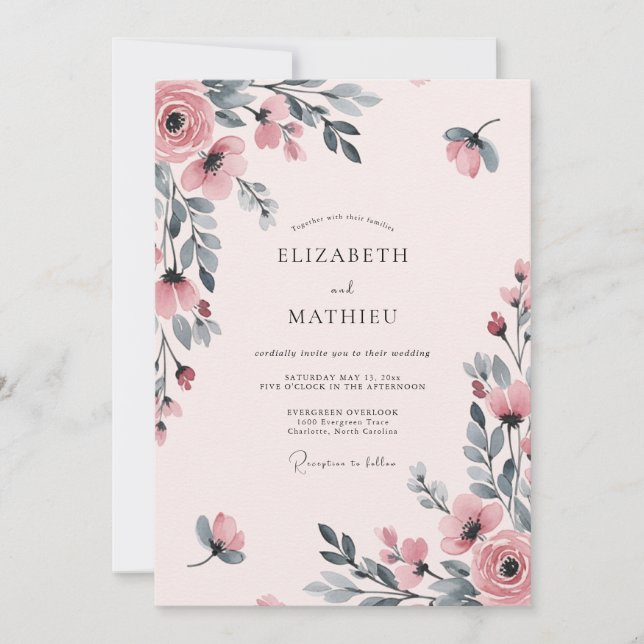 Invitation Mariage Aquarelle Rose Éthérée (Devant)