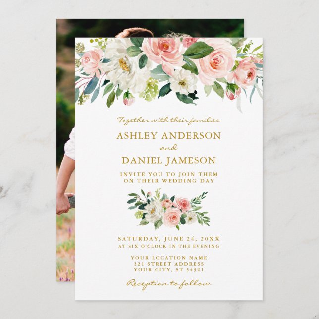 Invitation Mariage Aquarelle rose Floral Or photo (Devant / Derrière)