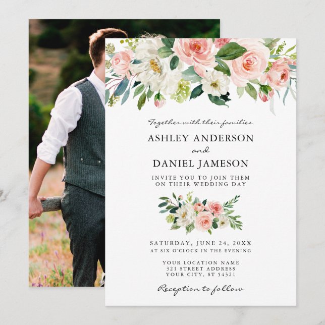 Invitation Mariage Aquarelle rose Floral Photo Retour (Devant / Derrière)