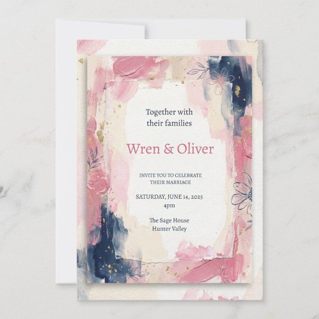 Invitation Mariage aquarelle rose marine (Devant)