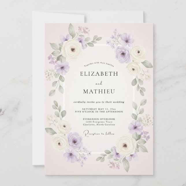 Invitation Mariage aquarelle rose mauve (Devant)