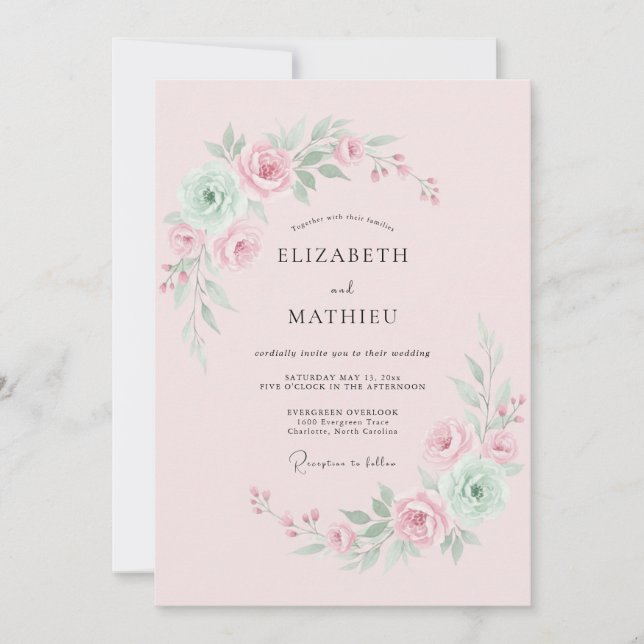 Invitation Mariage Aquarelle Rose Pâle Élégant (Devant)